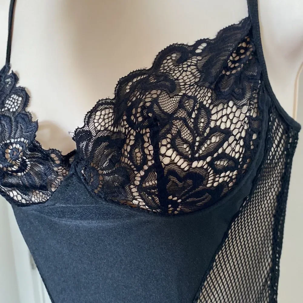 Teddy Black with floral Lace and Mesh. Hosiery Straps for a Sexy Fun Look